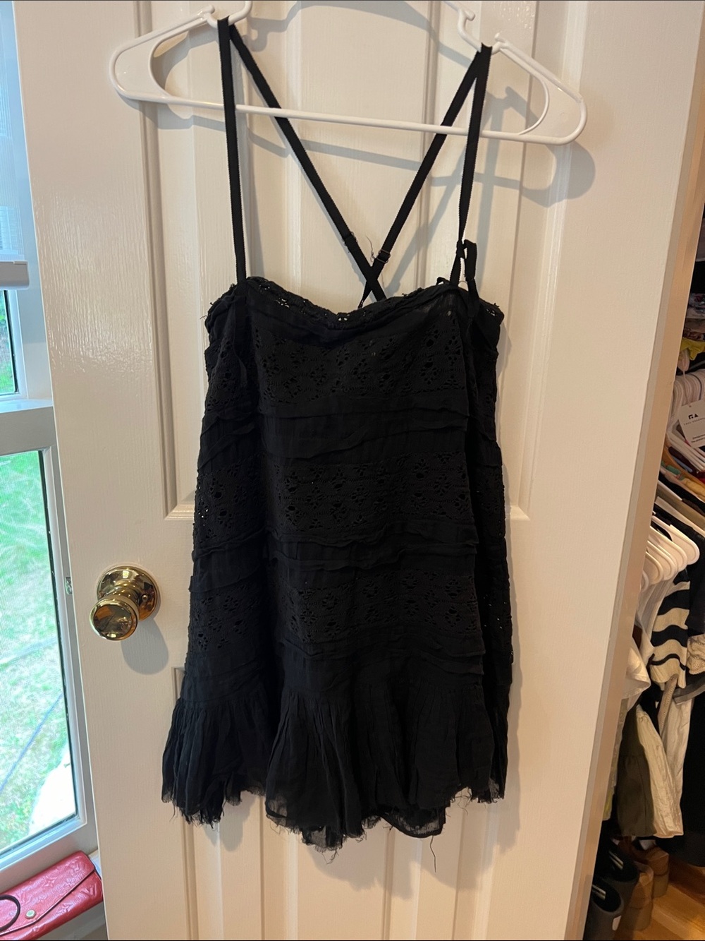 Free People Black Eyelet Tiered Mini Slip Dress very short